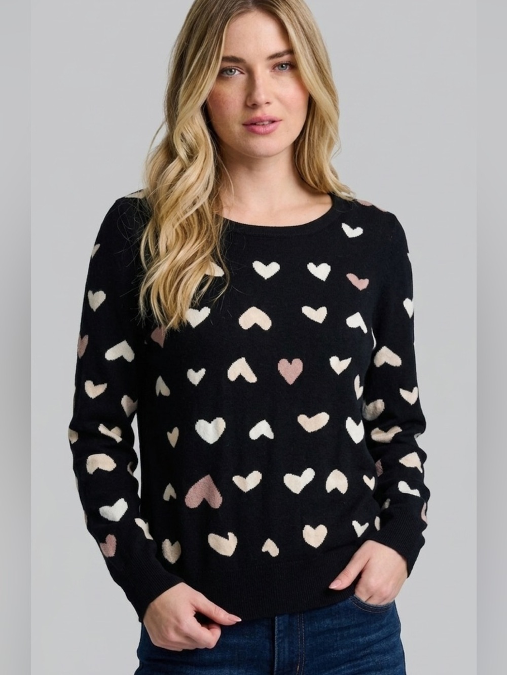 LC Lauren Conrad sweater L Black 3/4 Sleeve Heart Bow Back Valentines Day